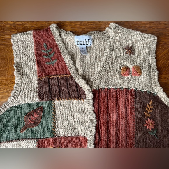 Vintage Teddi Woven Vest Button Down Fall Embroidered Patchwork Brown Green 2X - Picture 2 of 16